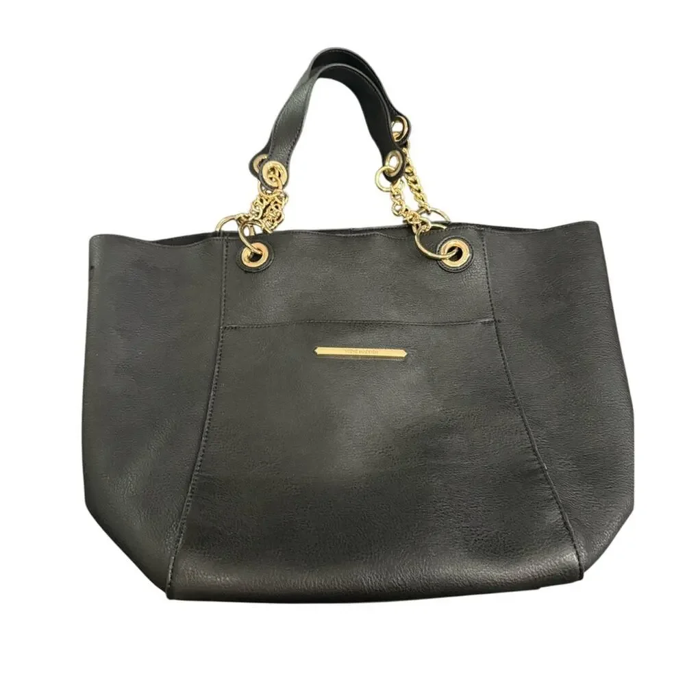 UEC STEVE MADDEN HUGE BLACK LEATHER TOTE GOLD CHAIN BLACK SUEDE INTERIOR - Picture 2 of 13
